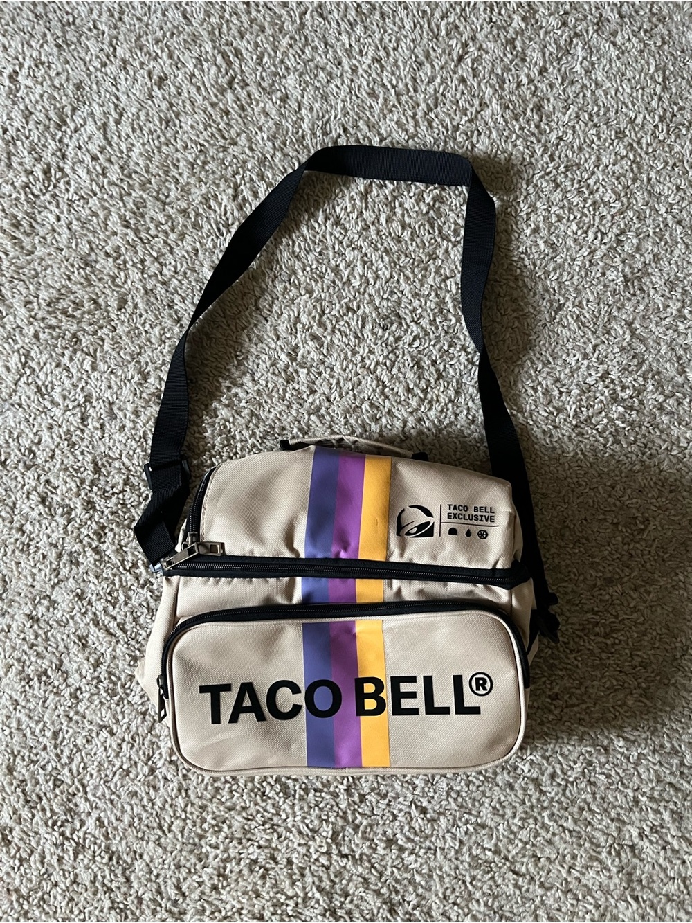 Taco Bell Beige Insulated Lunch Bag with Purple & Yellow Stripes